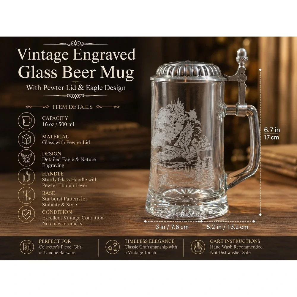 Vintage Etched Glass Beer‎ Stein with Metal Lid Eagle Wildlife Mountain Design
